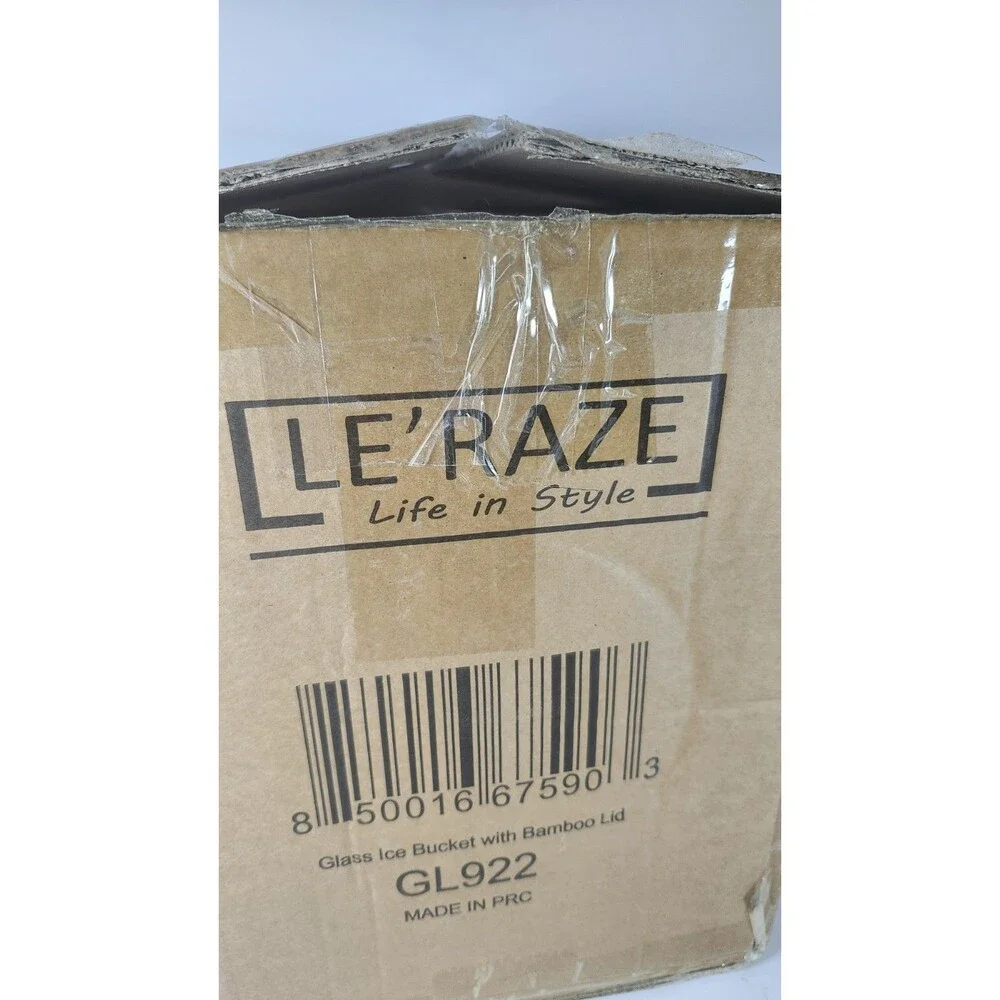 LE'RAZE Glass Ice Bucket with Airtight Bamboo Lid, Ice Tong Scooper and Handle